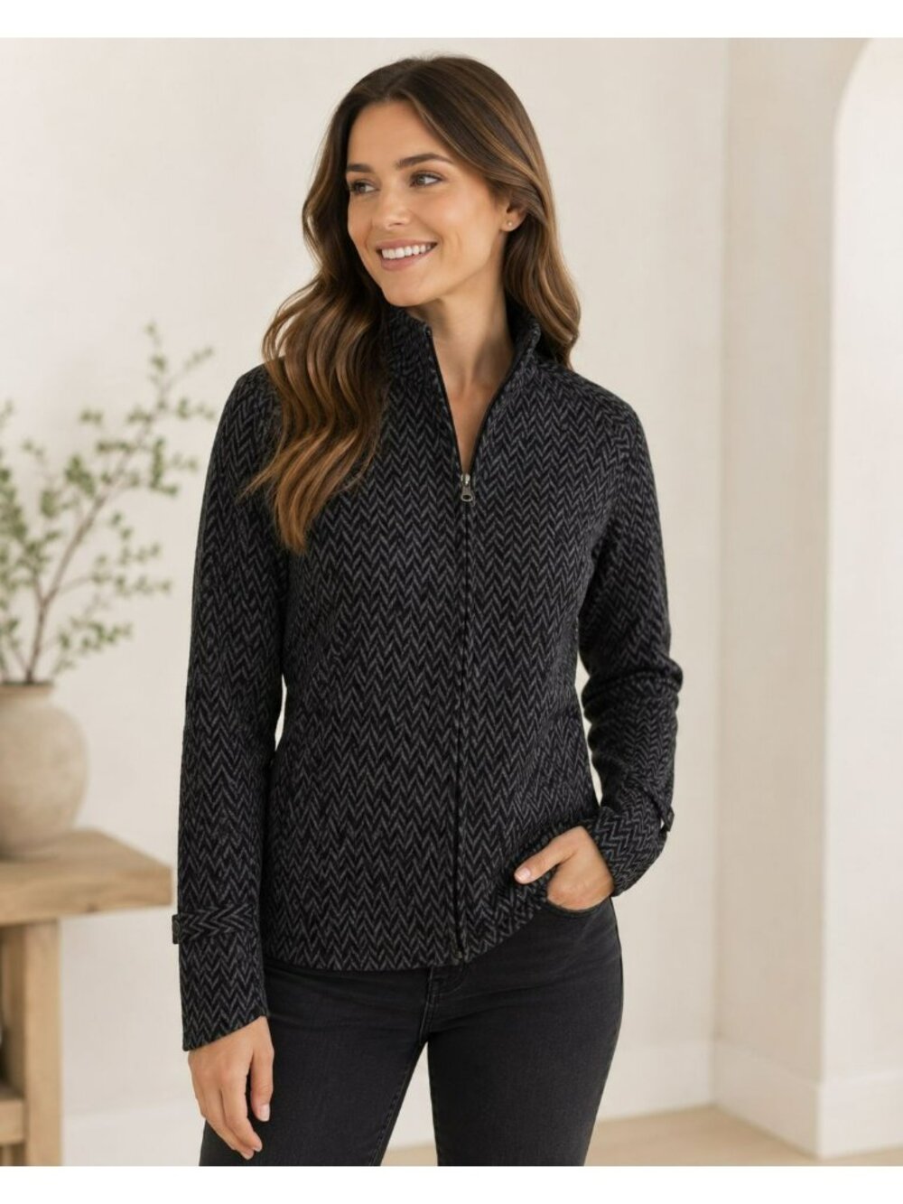 Ibex Juliet Merino Wool Jacquard Full Zip Jacket Women’s Small Black Gray